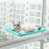 White cat resting on a turquoise hanging cat window hammock attached to a window with suction cups in an urban apartment setting