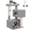 Large gray indoor cat tree tower with spacious condos, sisal scratching posts, wide perch, and dangling plush toys for large cats up to 10kg
