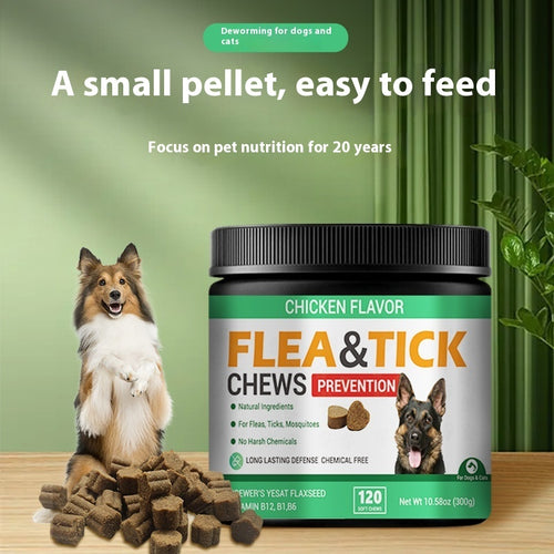 Chicken flavoured Flea and tick chews for dogs.