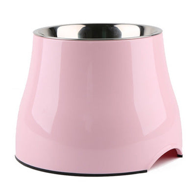 Pink elevated pet feeder bowl with stainless steel insert at vet-recommended height for cats and small to medium dogs