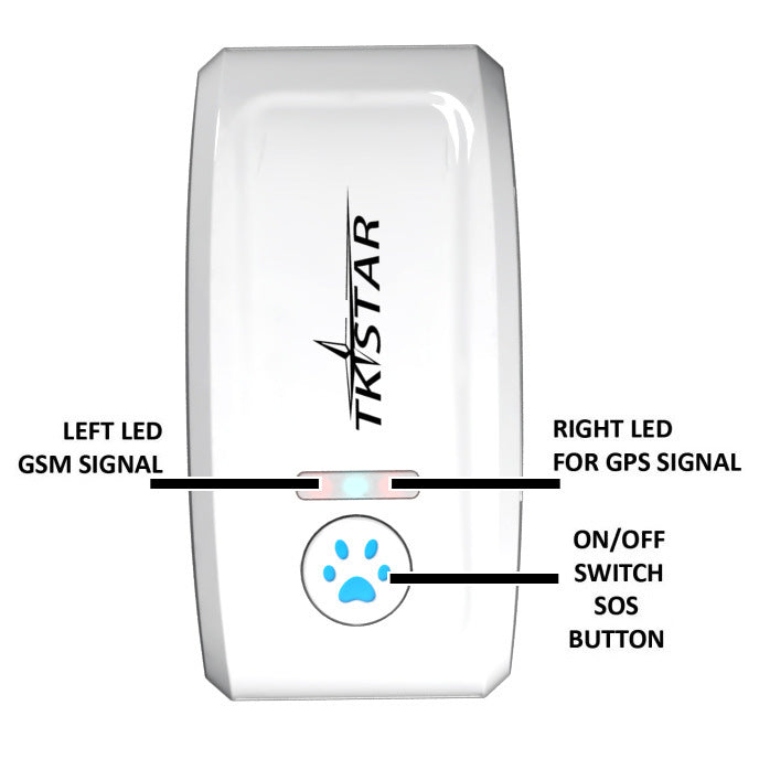 White TKSTAR Cat GPS tracker device with labeled LED indicators for GSM and GPS signals and a paw-shaped SOS button switch