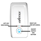 White TKSTAR Cat GPS tracker device with labeled LED indicators for GSM and GPS signals and a paw-shaped SOS button switch