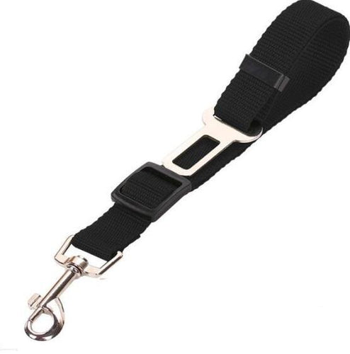Black adjustable pet car seat belt with metal buckle and safety leash clip for dogs