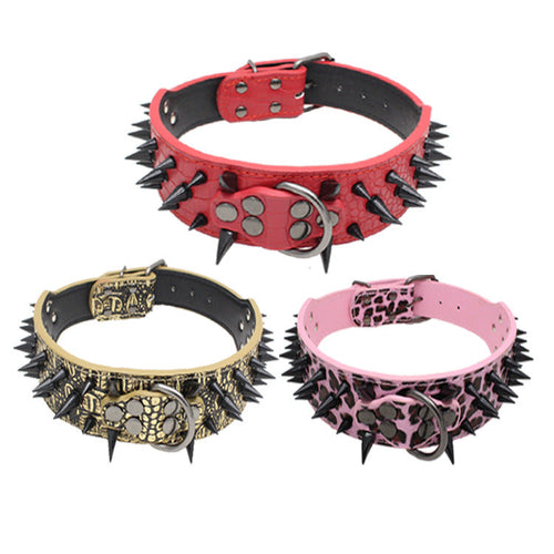 Set of large bite-proof pet collars with explosion-proof rivets in red, gold skull design, and pink leopard print, all featuring black spikes.