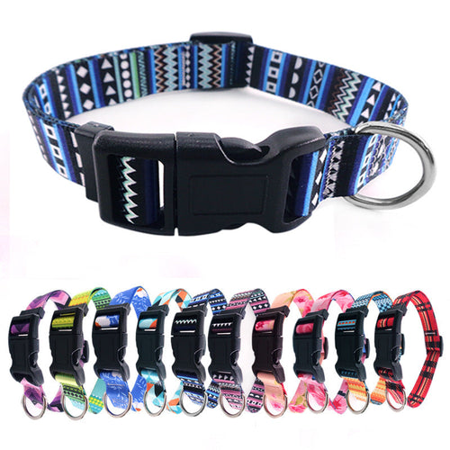 Colorful digital print polyester pet collars with plastic buckle and metal ring, available in multiple sizes and patterns