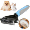 Dog deshedding rake with dual-sided blades and non-slip blue handle for removing loose fur and tangles from pets