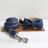Handmade adjustable denim dog collar with bow tie and matching leash set for stylish pets