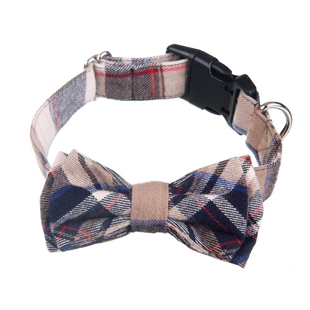 Plaid pet bow collar with adjustable cloth strap and plastic buckle for small to medium dogs