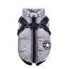 Silver breathable dog cotton vest with black adjustable harness and "Fashion Sports" patch, lightweight and washable pet clothing
