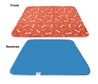 3-layer waterproof pet pad with orange bone pattern front and solid blue waterproof backing, machine washable and reusable absorbent pee pad for dogs and cats.