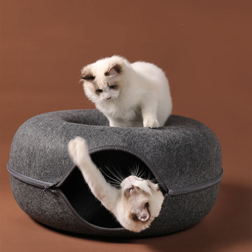 Gray washable cat donut bed and tunnel made of felt with two playful cats interacting on and inside it