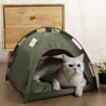 Portable cat tent in military green with a gray cat resting inside on a wooden floor near furniture and plants