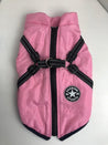 Pink dog cotton vest with black adjustable straps and front zipper, breathable and washable pet clothing