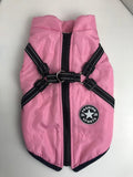 Pink breathable dog cotton vest with black adjustable harness and zipper, lightweight and washable pet clothing.