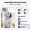 Dog wearing a flexible silicone NFC smart QR code pet ID tag in a bow tie design highlighting lightweight, waterproof, durable, no jingle, bite-proof, and universal size features
