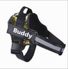 Adjustable no-pull dog harness with reflective strips and personalized name patch in camouflage design
