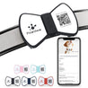 NFC Smart QR Code Pet ID Tag silicone bowknot design on dog collar with smartphone showing contact info for pet safety
