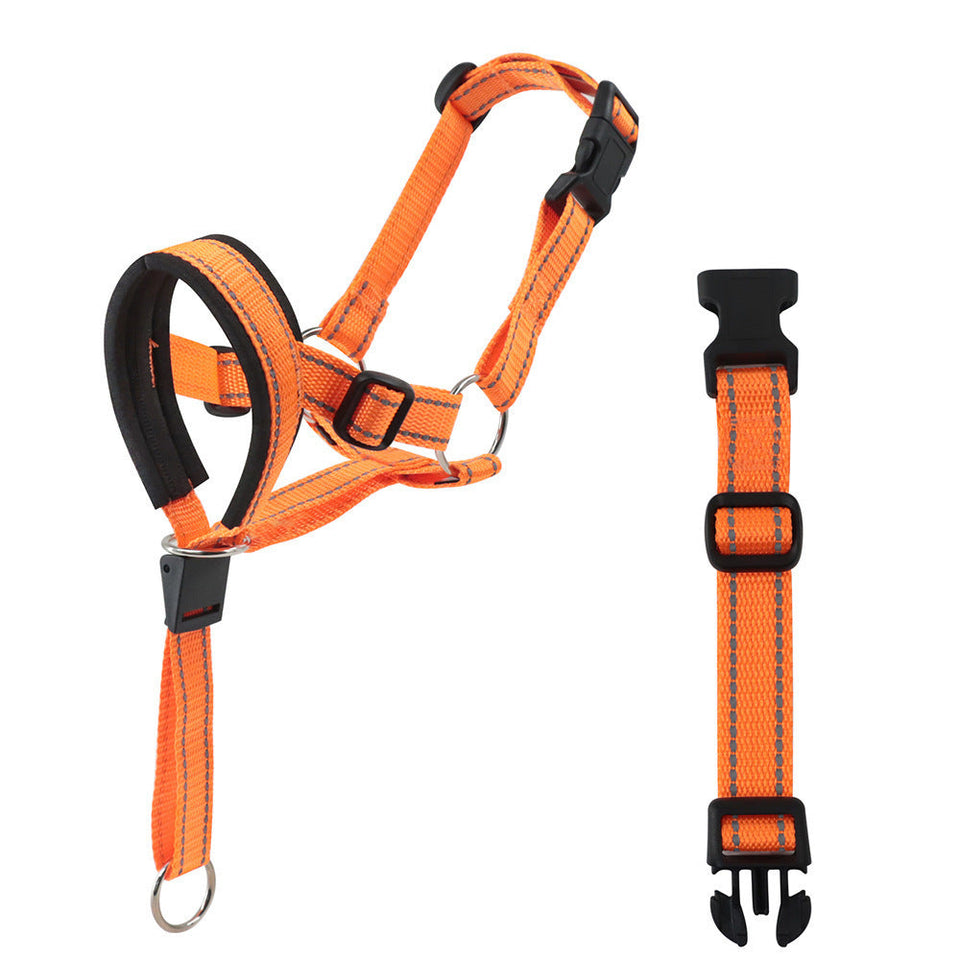Adjustable orange nylon dog muzzle and head halter for biting and barking control with padded nose area and secure buckles.