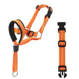 Adjustable orange nylon dog muzzle and head halter for biting and barking control with padded nose area and secure buckles.