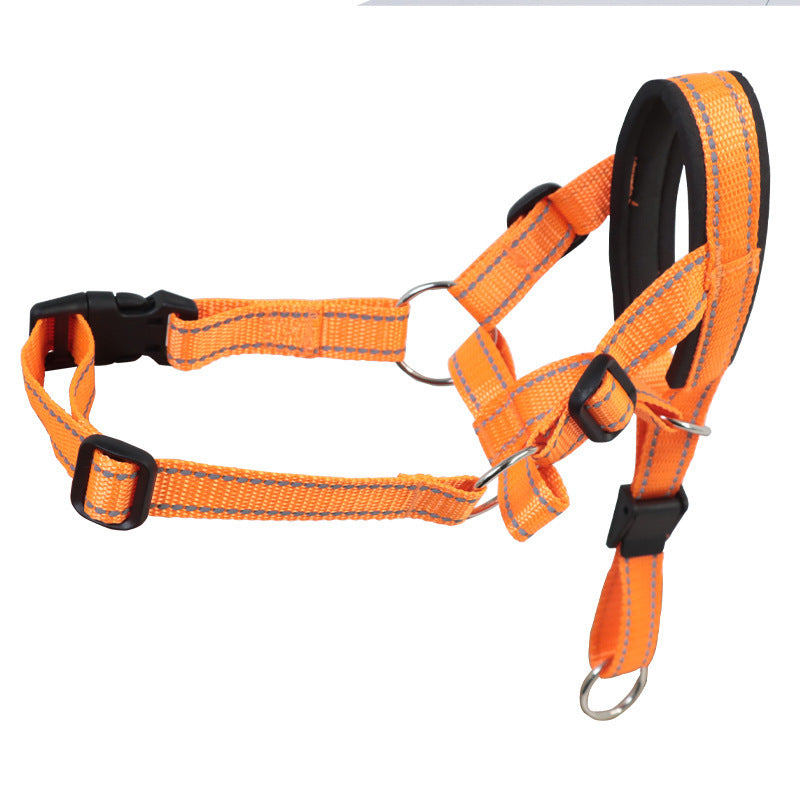 Adjustable orange nylon dog muzzle and head halter for biting and barking control