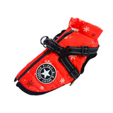 Red dog cotton vest with snowflake pattern and adjustable black harness for small to large dogs