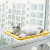 White cat resting on a yellow hanging cat window hammock attached to a city apartment window for birdwatching and sunbathing