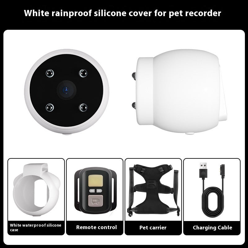 Pet tracker collar camera with white waterproof silicone cover, remote control, pet carrier, and charging cable accessories.