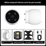 Pet tracker collar camera with white waterproof silicone cover, remote control, pet carrier, and charging cable accessories.