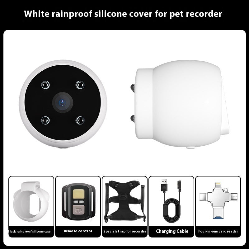 White rainproof silicone cover for pet tracker collar camera with remote control, adjustable strap, charging cable, and 4-in-1 card reader accessories