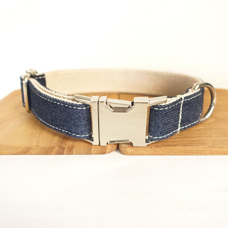 MUTTCO Cowboy Dog Collar handmade adjustable leather and nylon dog collar with metal buckle in denim blue and beige colors