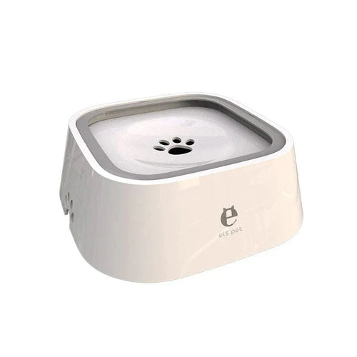 White non-skid dog drinking water bowl with floating design and paw-shaped slow feeder plate for spill-proof hydration