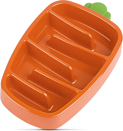 Orange plastic slow feeder dog bowl with divided sections for portion control