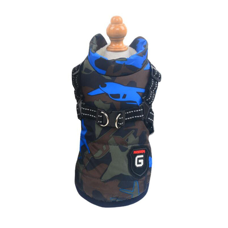 Camouflage patterned dog cotton vest with blue accents and adjustable straps, breathable and washable pet clothing.