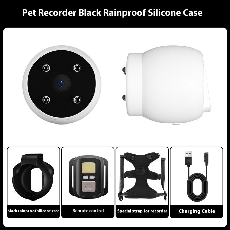Pet Tracker Collar Camera with black rainproof silicone case, remote control, special strap, and charging cable accessories.