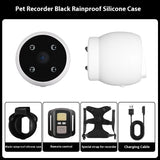 Pet Tracker Collar Camera with black rainproof silicone case, remote control, special strap, and charging cable accessories.