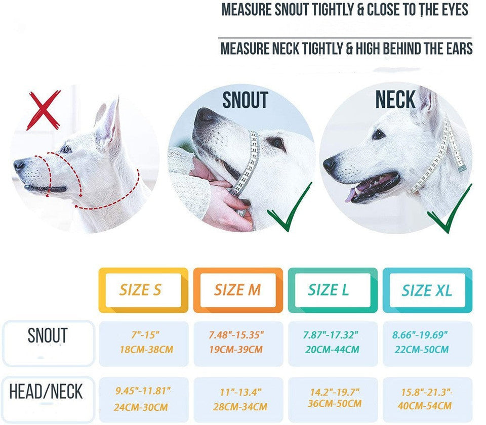 Nylon dog muzzle size guide showing proper snout and neck measurements for secure and comfortable fit in sizes S to XL.