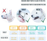 Nylon dog muzzle size guide showing proper snout and neck measurements for secure and comfortable fit in sizes S to XL.