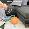 Electric pumpkin-shaped cat toy with feather attachment and remote voice control on floor near gray sofa
