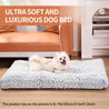 Small white dog lying on a soft, ultra-plush luxury rose velvet dog bed on a hardwood floor next to a brown couch