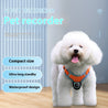 White fluffy dog wearing an orange pet tracker collar camera with GPS and 170° wide-angle recording, featuring compact size, ultra-long standby, and waterproof design