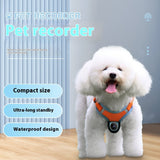White fluffy dog wearing an orange pet tracker collar camera with GPS and 170° wide-angle recording, featuring compact size, ultra-long standby, and waterproof design