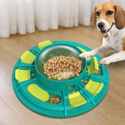 Interactive dog puzzle toy and slow feeder in green with treats inside, designed to boost IQ and slow eating for all dog breeds, shown with a dog using its paw.