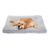 Golden retriever lying on a soft gray luxury rose velvet dog bed with plush cushioning and raised edges for joint support