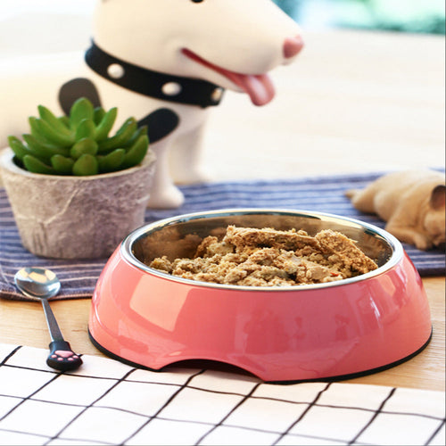 Durable pink stainless steel pet bowl filled with food, designed as the last bowl you'll ever need with chew-resistant melamine armor.