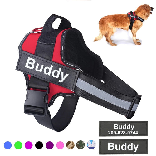 Adjustable no-pull dog harness in red with reflective strips and personalized name patch for small to large dogs.