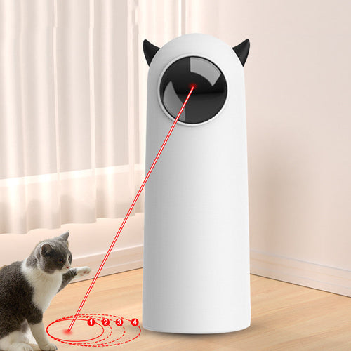 White hands-free cat laser toy with black cat ears projecting a red laser for interactive indoor cat play and exercise