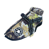 Camouflage pattern dog cotton vest with adjustable black harness and zipper, breathable and washable pet clothing.