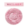 Fluffy Donut Dog Bed in soft white and red plush, round cozy pet bed for cats and dogs.