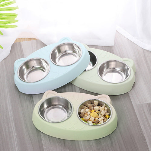 2-in-1 stainless steel bowls with non-slip base and removable inserts for pet food and water.
