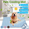 Golden retriever lying on light blue dog cooling mat with cooling fabric, easy to clean, and practical features